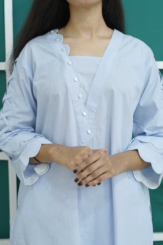 Premium Light Blue Cotton 2PC – Scalloped & Criss-Cross Detail - B43777