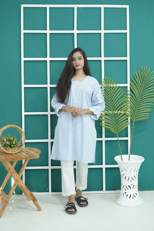 Premium Light Blue Cotton 2PC – Scalloped & Criss-Cross Detail - B43777