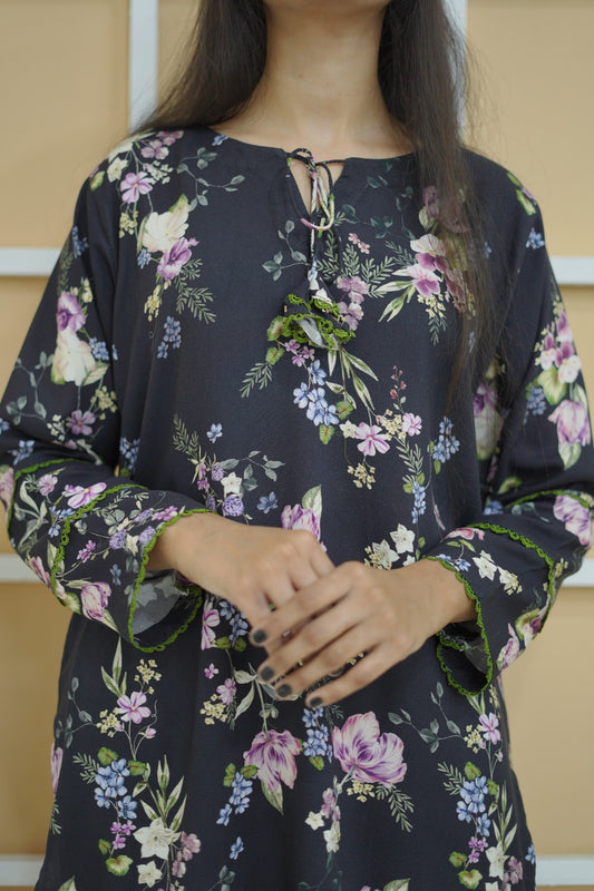 Midnight Bloom: Black Floral 2PC with Lace Detail – B47701