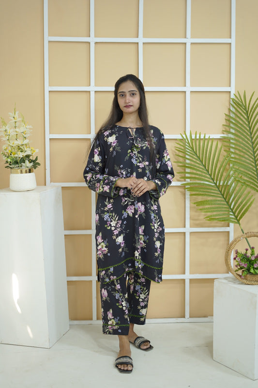 Midnight Bloom: Black Floral 2PC with Lace Detail – B47701